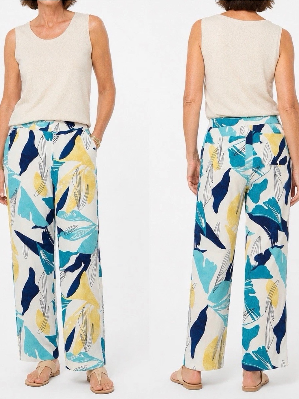 Chico's Linen Pants Womens 1.5R US 10Large Floral Print Wide Leg Pull On